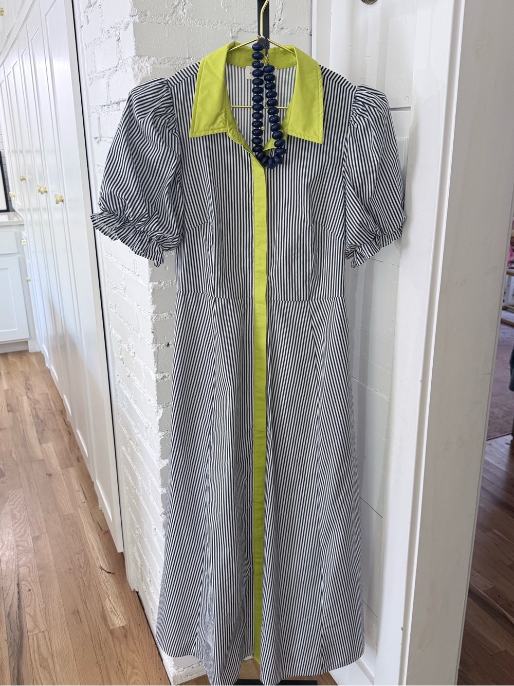 entro Black & White Striped Midi Dress with Lime Trim